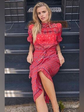 Hunter Bell Langley Dress Mock Neck Puff Sleeve Midi Size 6